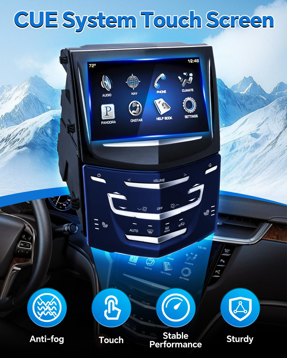 Quixofiber Cadillac CUE display closeup reveals vivid colors and sharp text for easy reading.