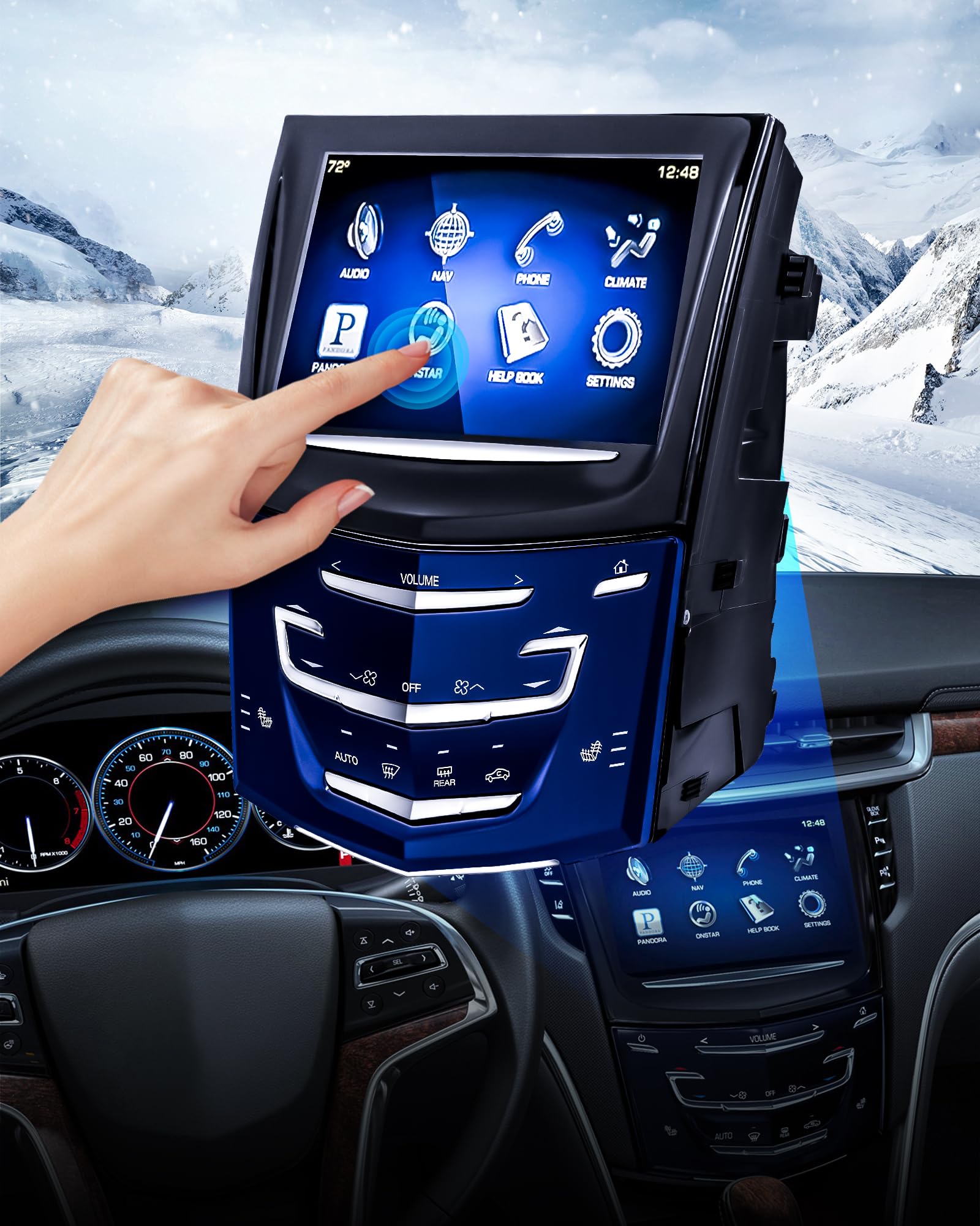 Quixofiber Cadillac CUE touch-screen front view shows crisp navigation and responsive controls.