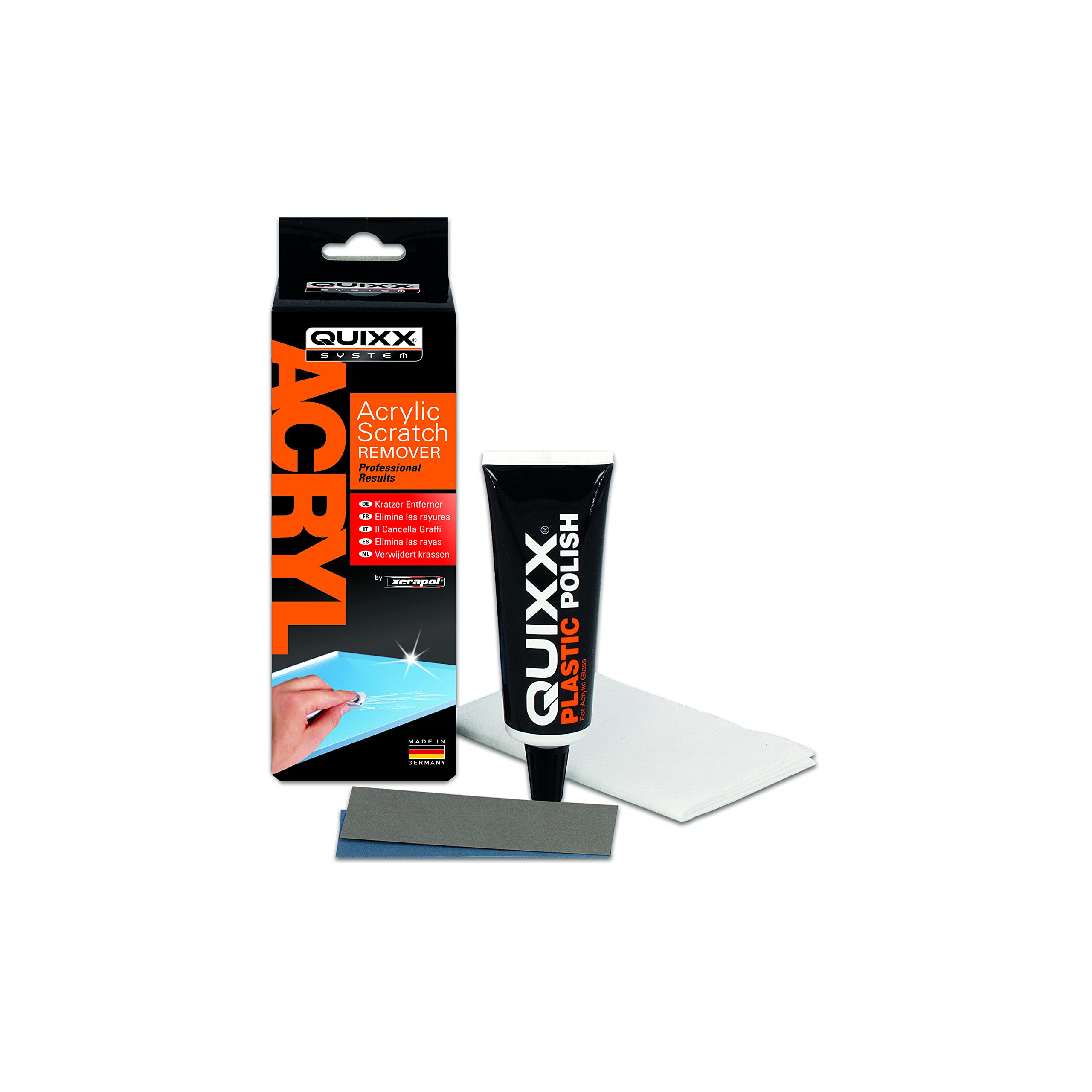 QUIXX 10003 acrylic scratch remover bottle on clear acrylic for quick scratch repair