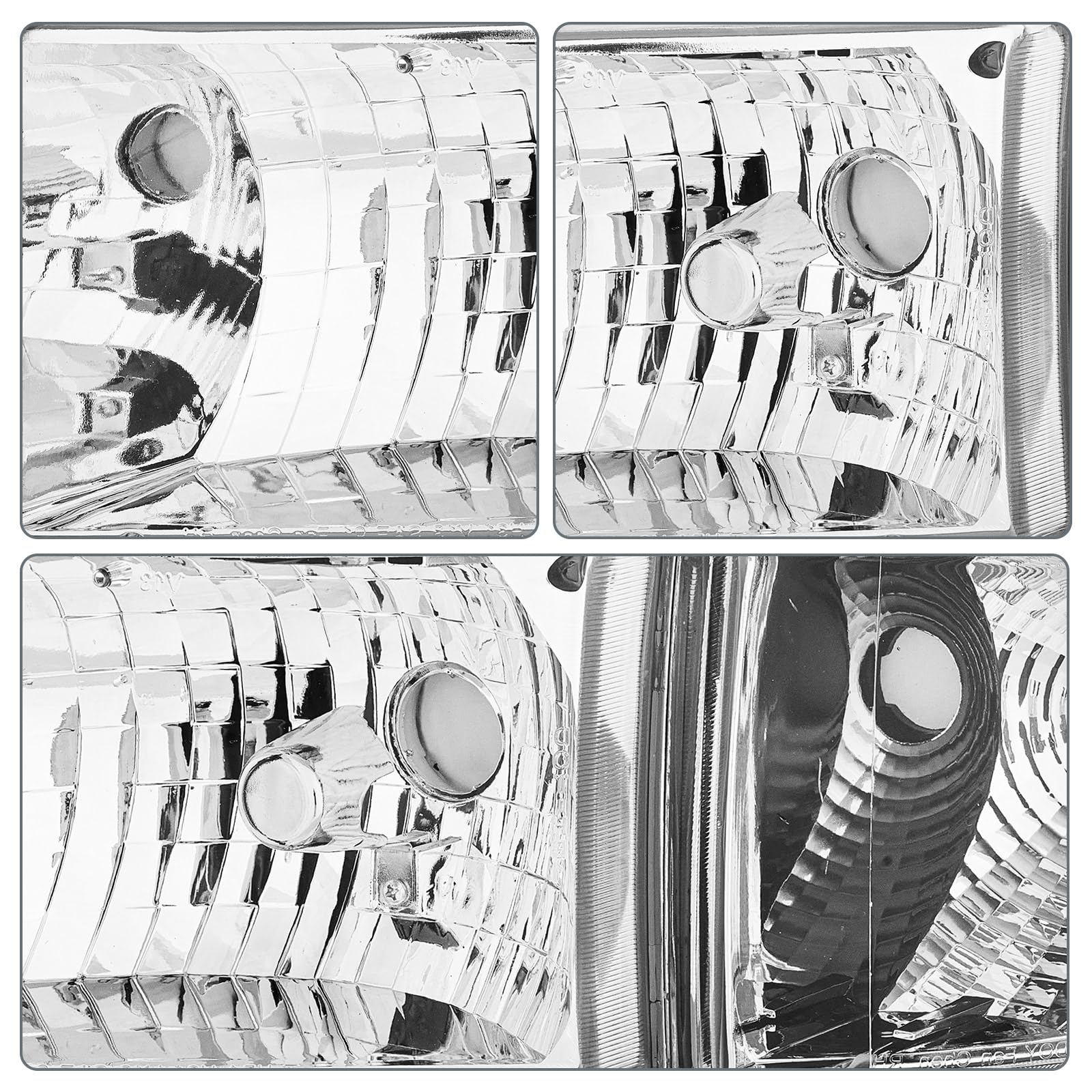 QLLUYTR headlight assembly, chrome housing close-up, shows precise fit and durable finish.