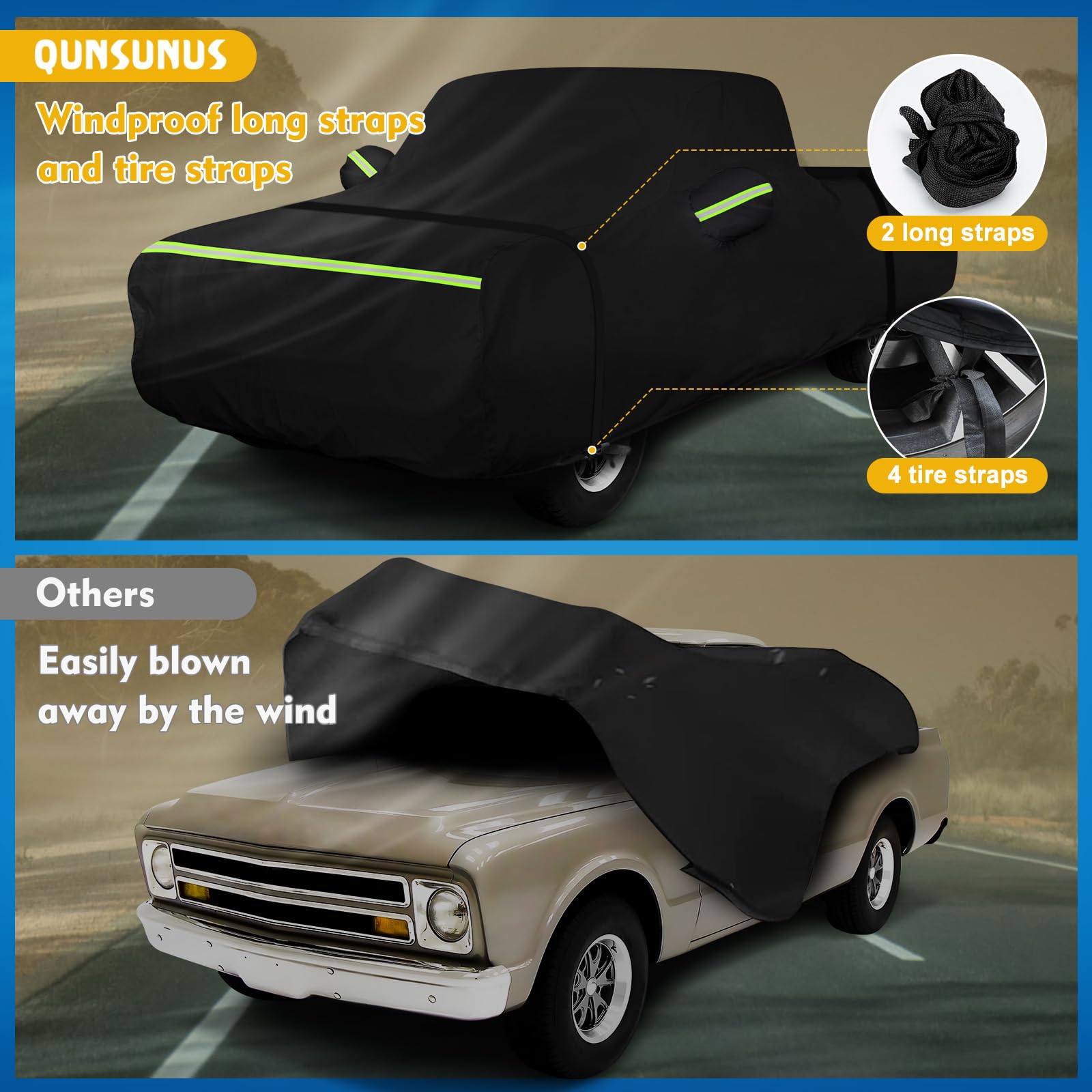QUNSUNUS cover at night shows reflective strips for improved visibility