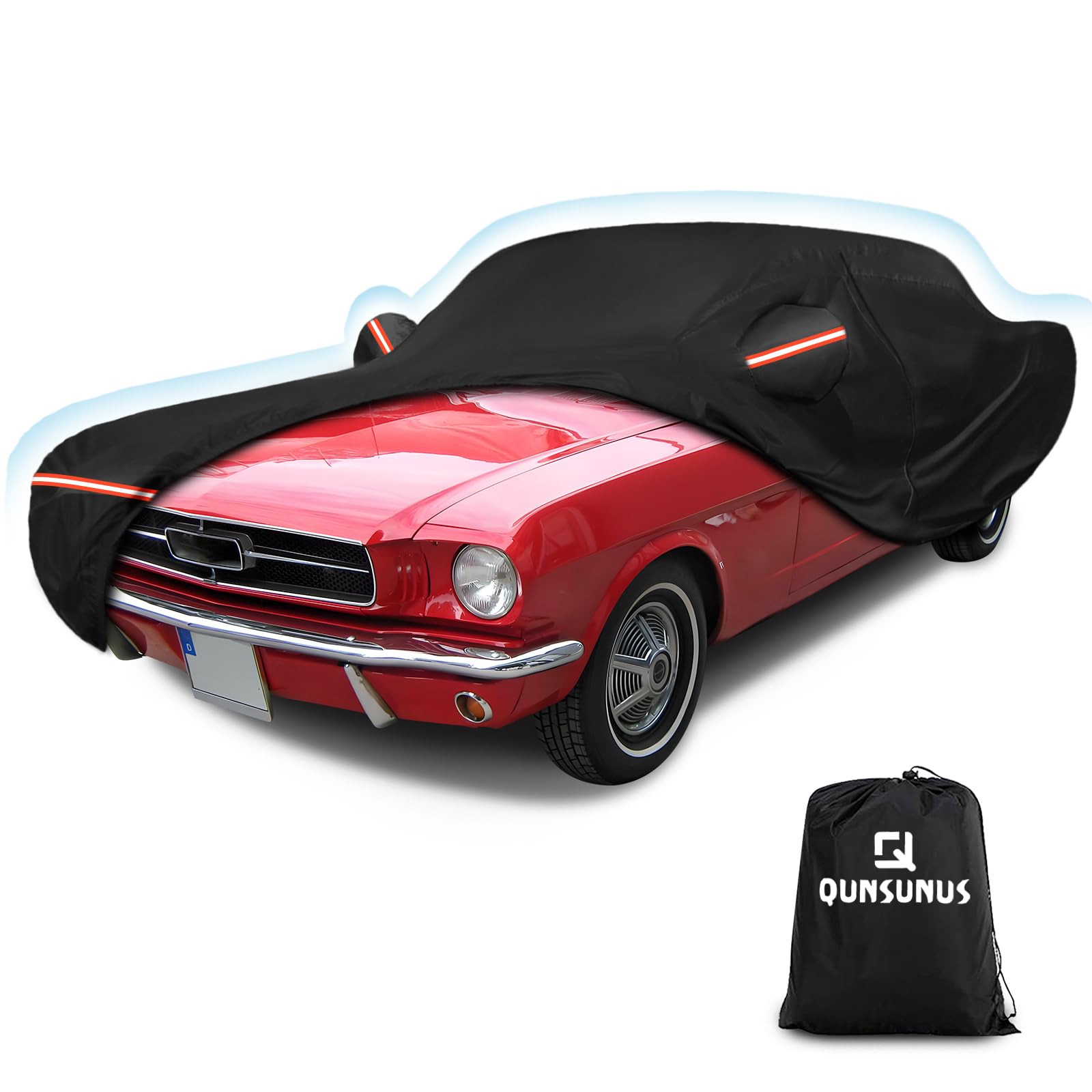 Q QUNSUNUS Mustang 6-layer cover front view protects paint in all weather.