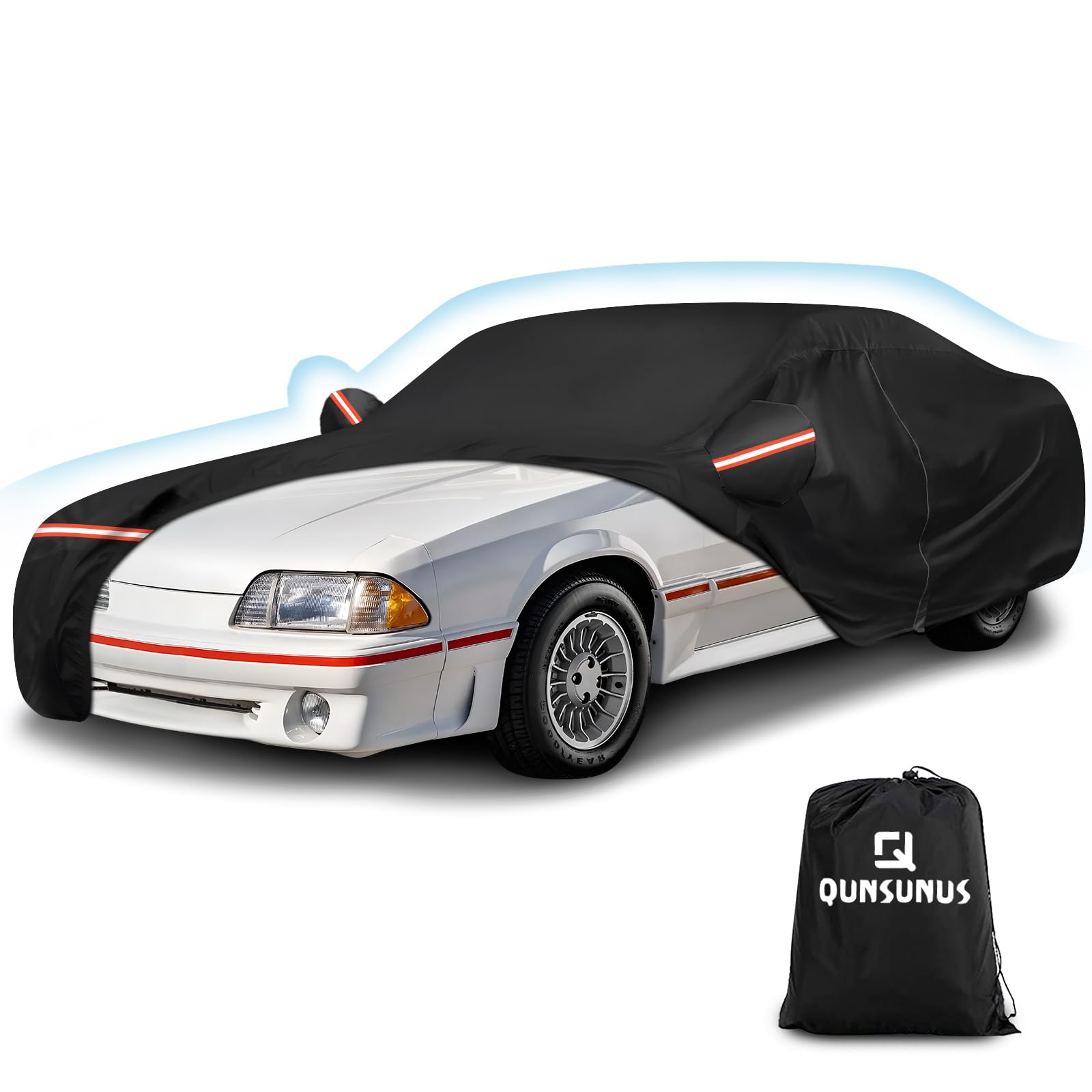 QUNSUNUS Mustang cover front view protects paint from sun and dust during outdoor parking.