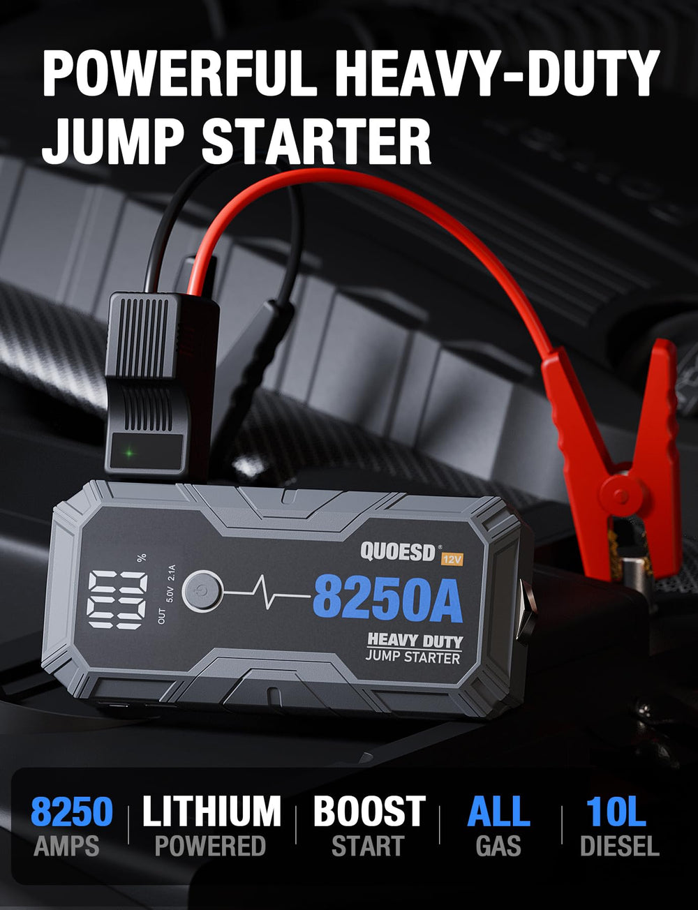 QUOESD 8250A connected to car battery during a jump start