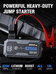 QUOESD 8250A connected to car battery during a jump start