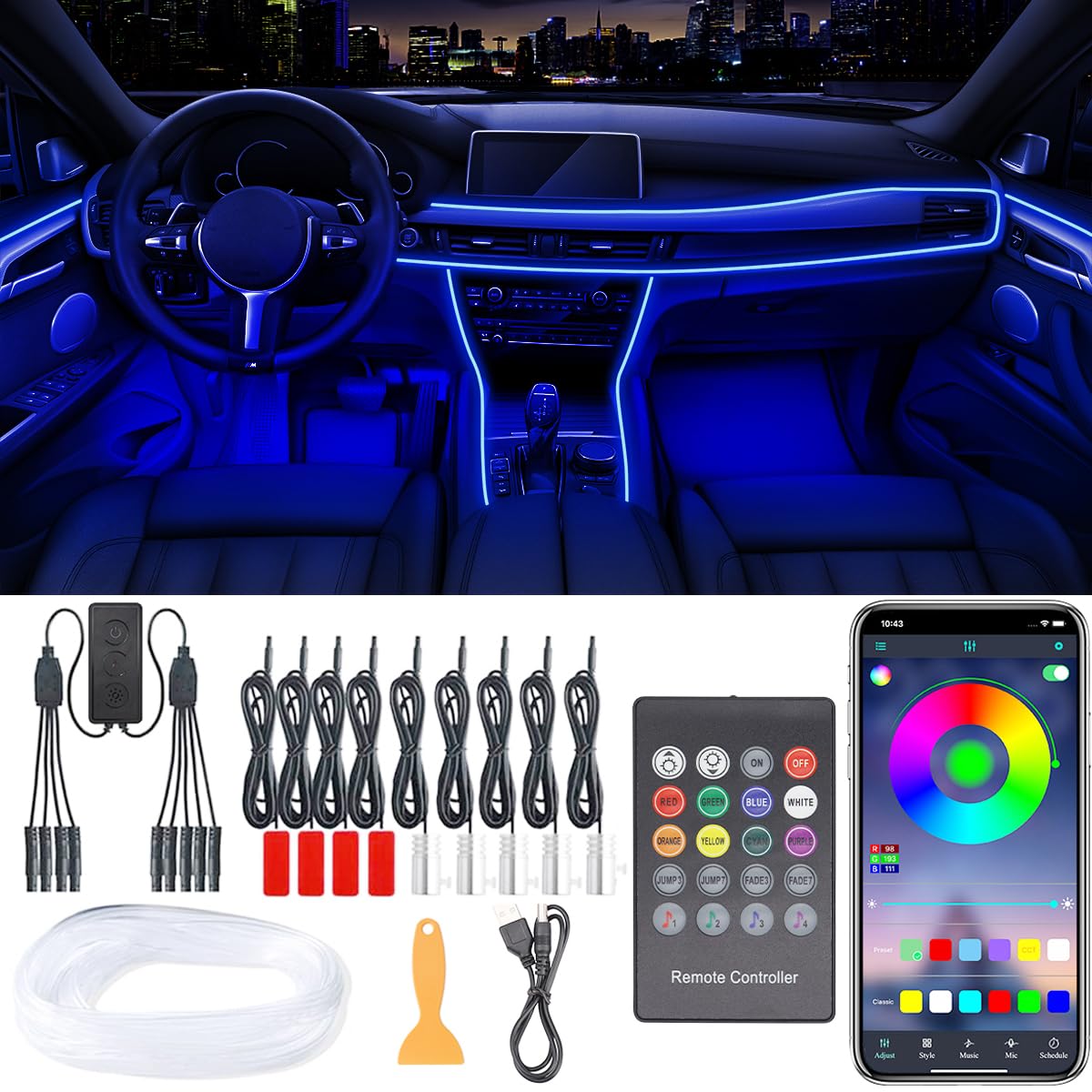 QVEVDACAR 9-in-1 interior lights fiber optic strip adds customizable ambient color.