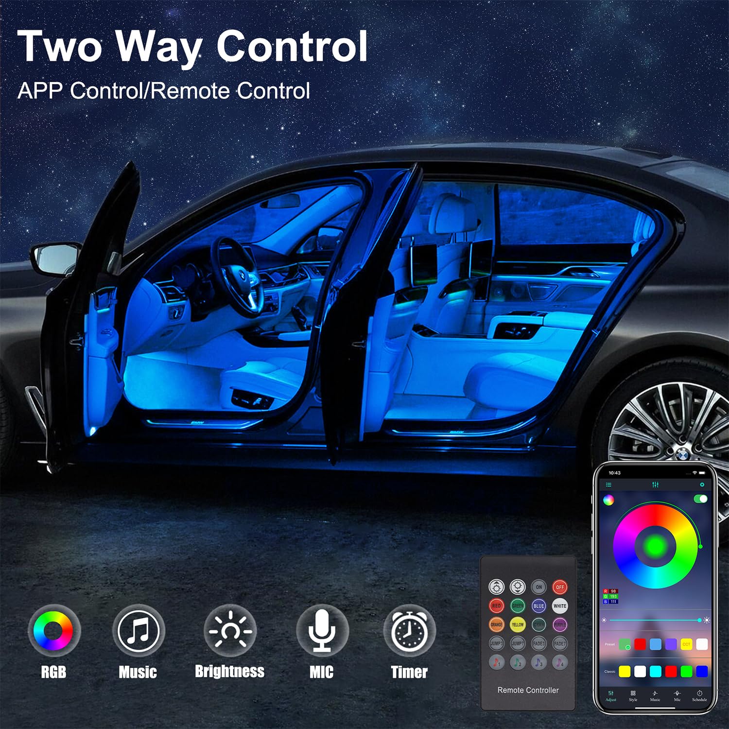 QVEVDACAR remote app control enables quick color and mode changes