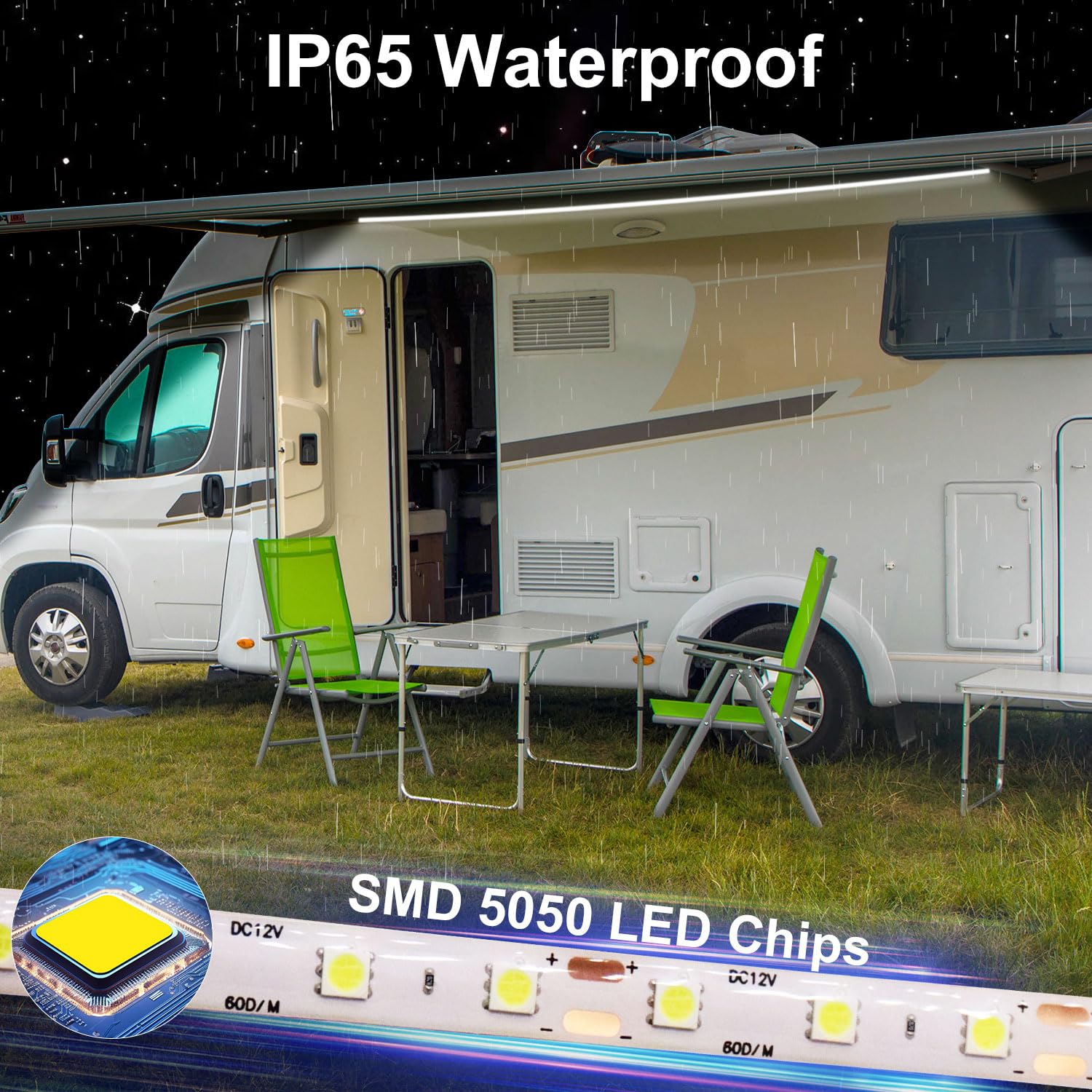 QVEVDACAR RV Awning Light Strip features strong self-adhesive backing for quick setup