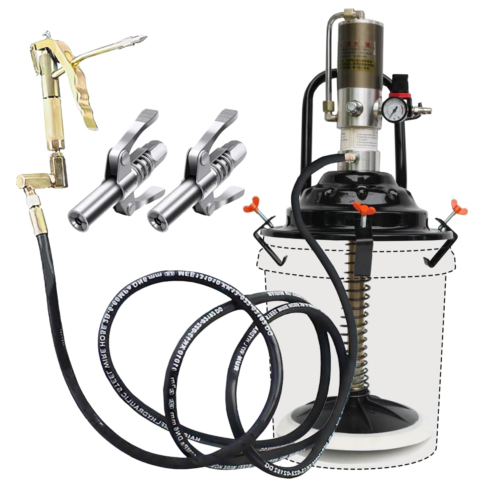 QVIKPMU portable grease pump mounted on a 5-gallon bucket for quick lubrication.