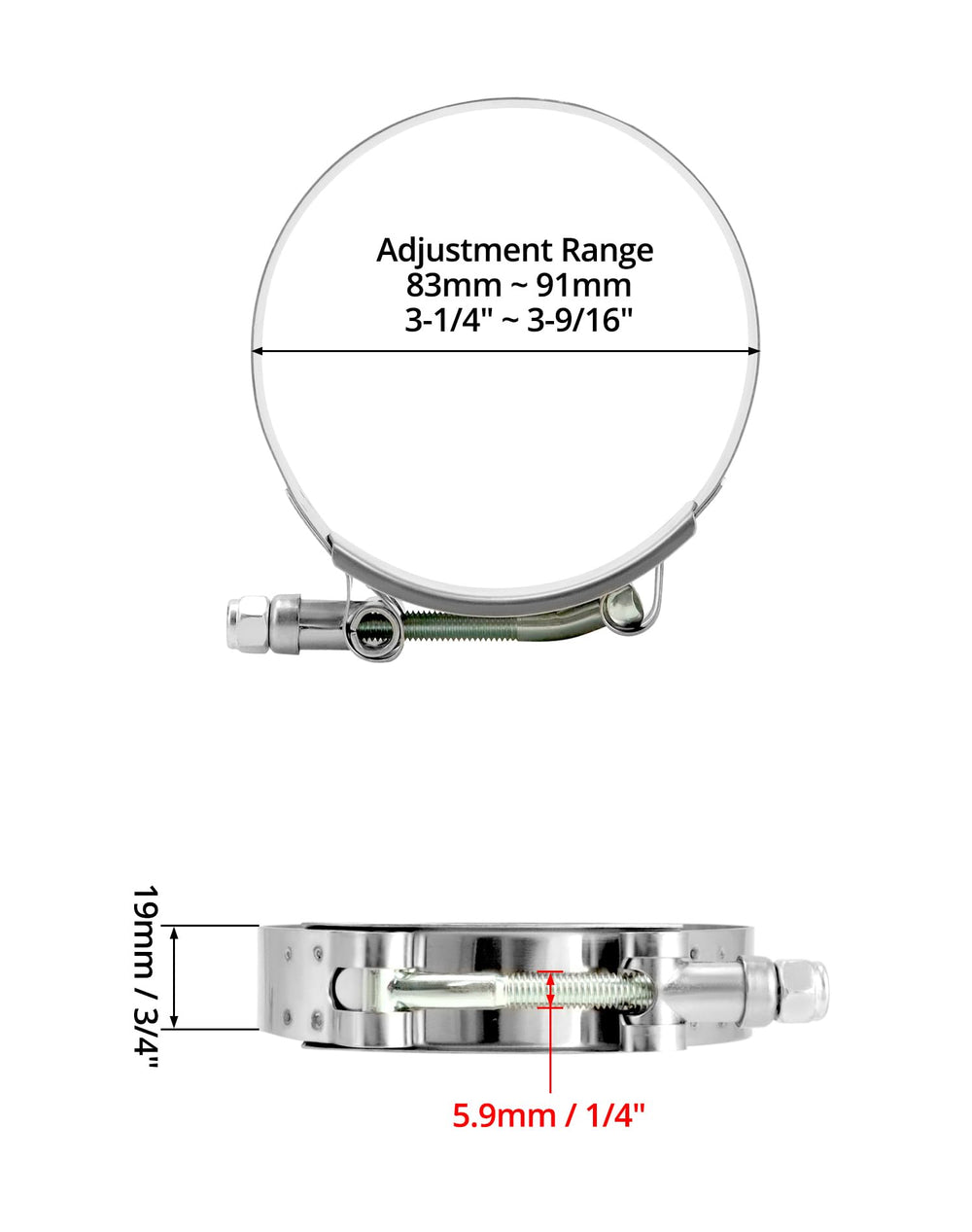 QWORK clamp displaying 83-91mm range on a 3-inch hose.