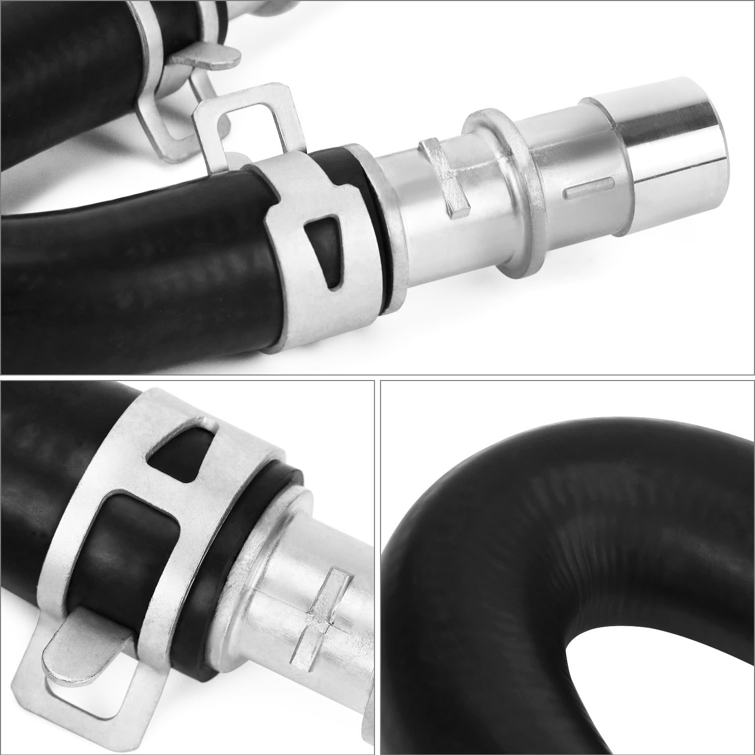 QWORK interchangeable fittings in use on a heater hose connection.
