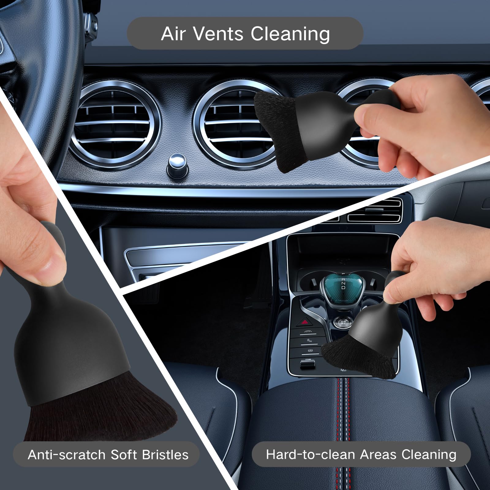 Soft bristle interior detailing brush for cabin surfaces