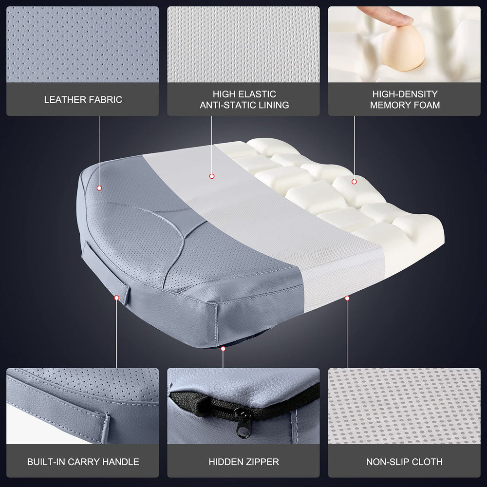 QYILAY Leather Seat Cushion ergonomic wedge illustrates back support and posture alignment.