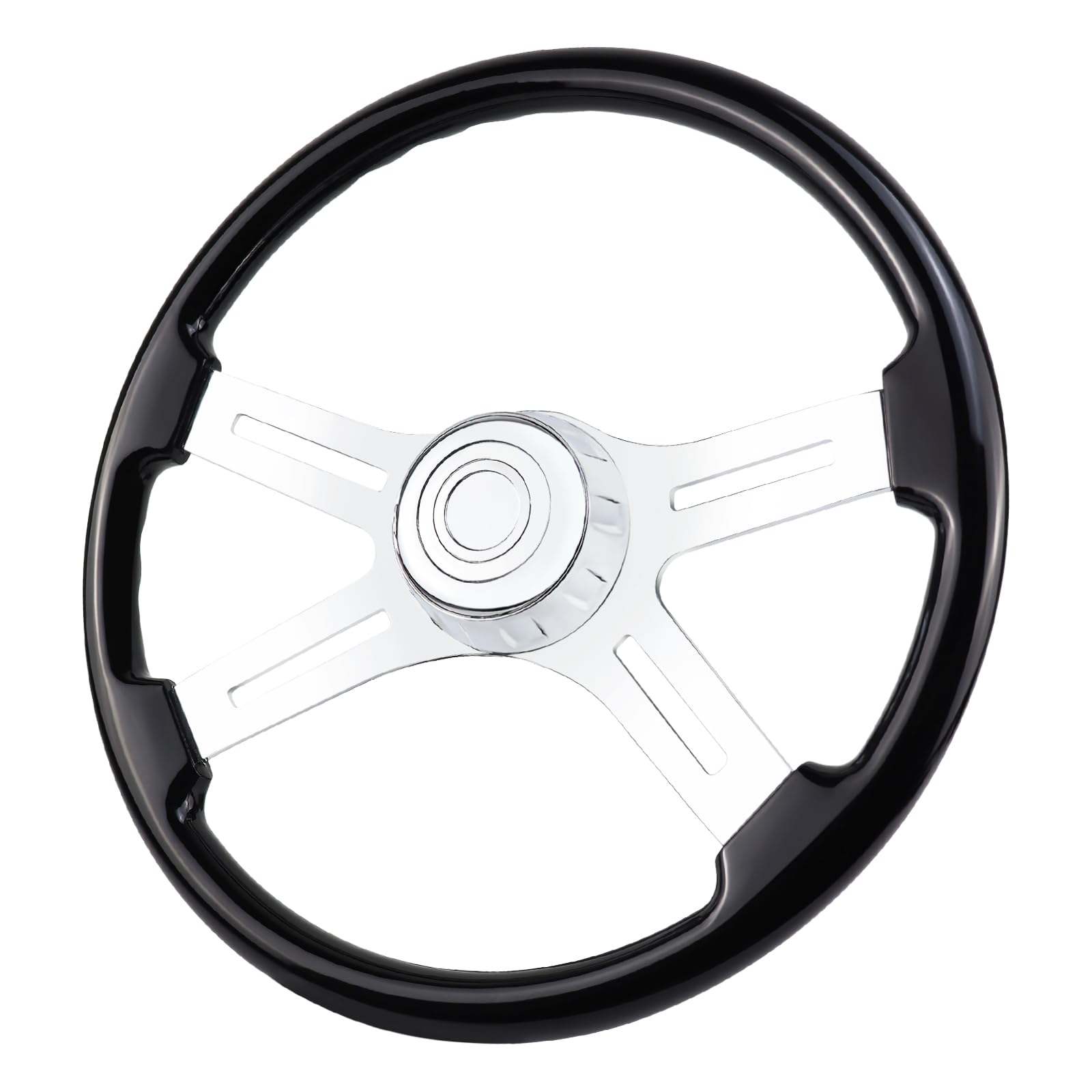 QYMOPAY 18-inch wood steering wheel front view for long-haul comfort.