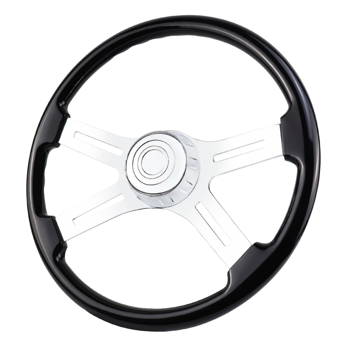 QYMOPAY 18-inch wood steering wheel front view for long-haul comfort.