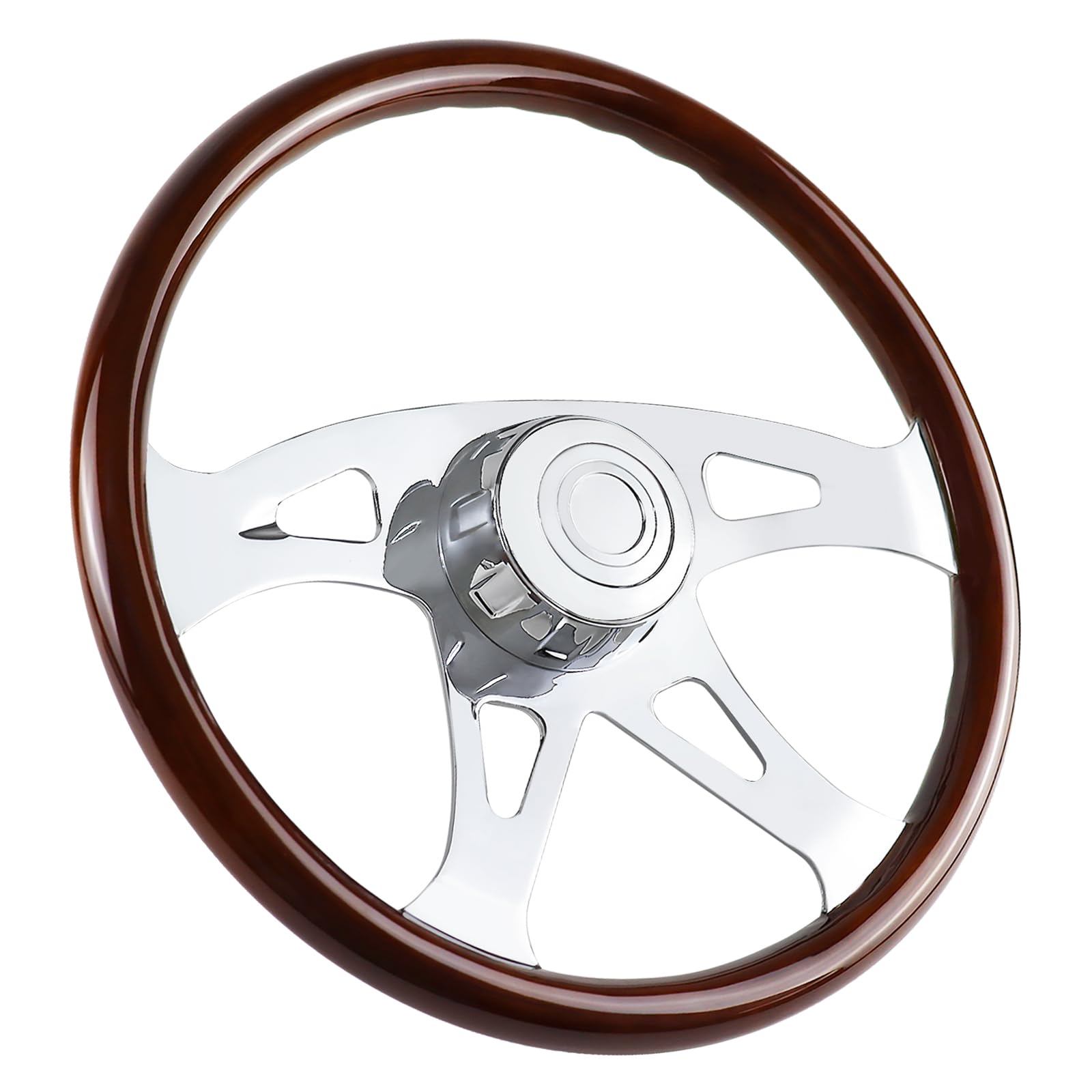 QYMOPAY 18-inch wooden steering wheel with chrome-plated spokes for a premium truck interior.