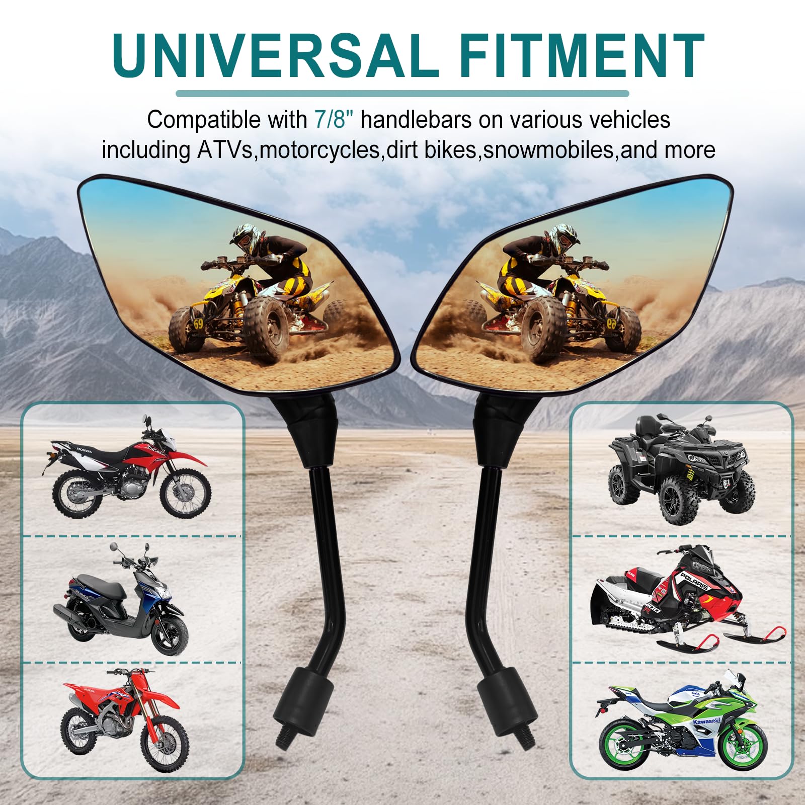 QYMOTO ATV mirrors right side view delivers wide-angle awareness during fast maneuvers.
