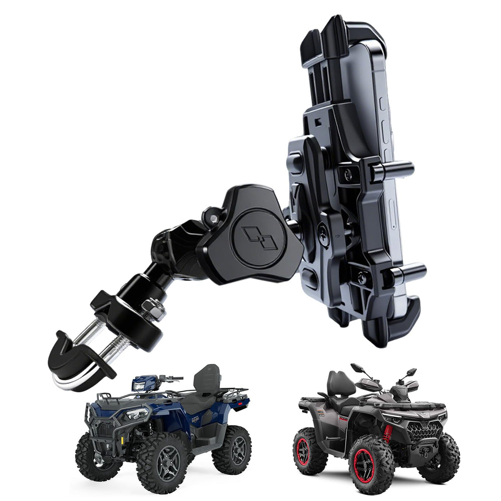 QYMOTO ATV phone holder mounted on vehicle for secure off-road use.