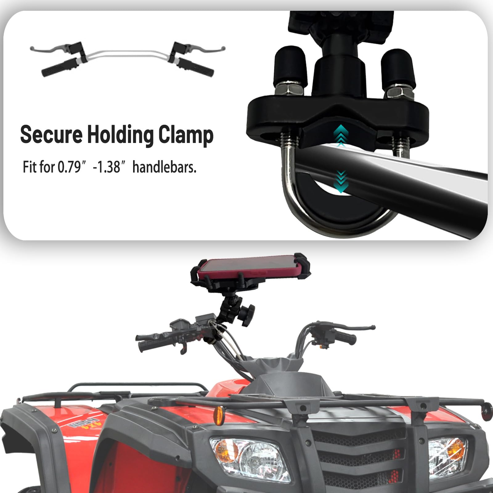 QYMOTO heavy-duty U-bolt base attaches firmly to handlebars.