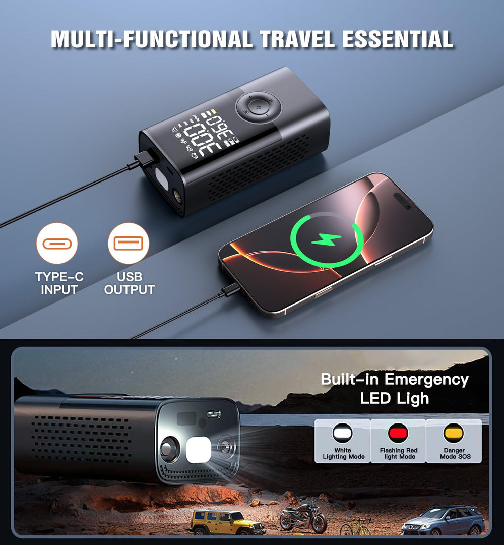 QYQBOON flashlight and USB ports highlighted for emergency light and charging