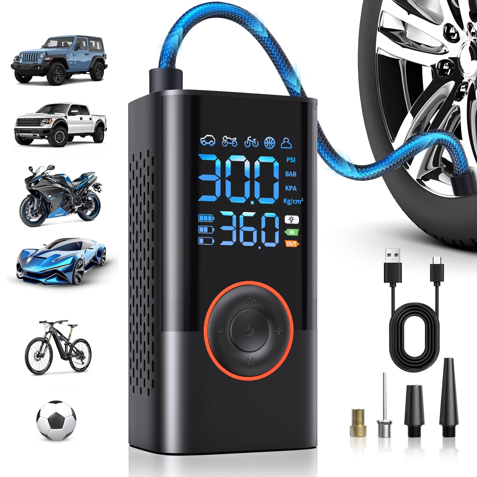 QYQBOON front view showing compact cordless inflator and controls for quick use