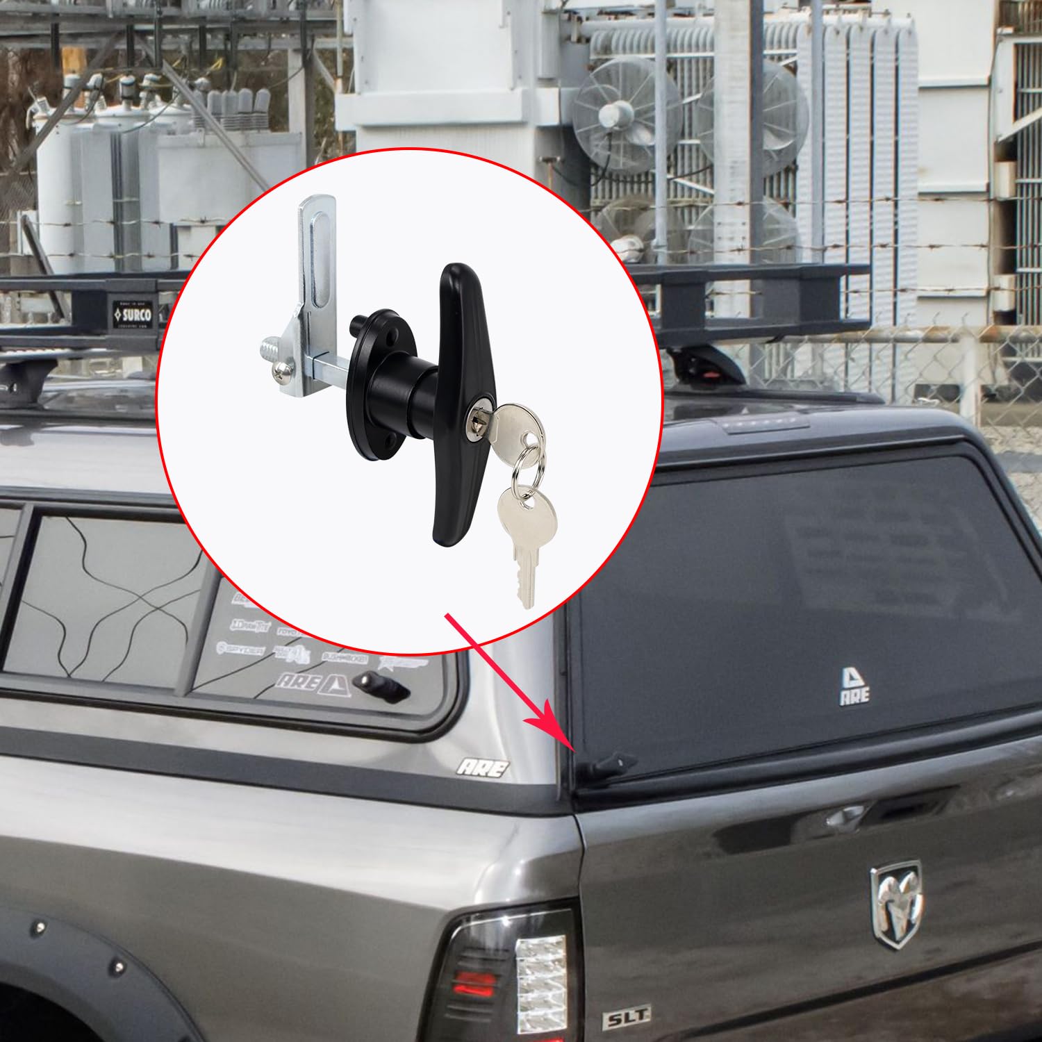 QZATTCAEN lock in use on a truck cap topper.