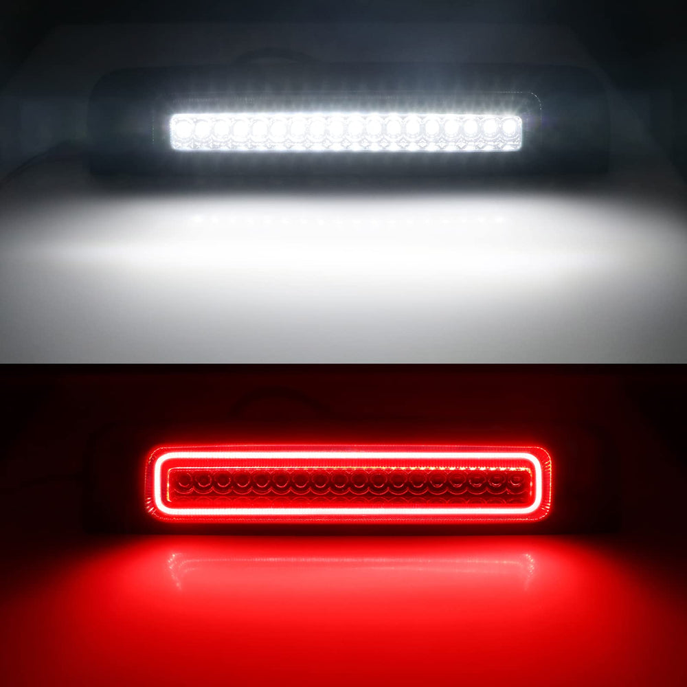 R&F Auto LED strobe third brake light in red flash mode for enhanced warning.
