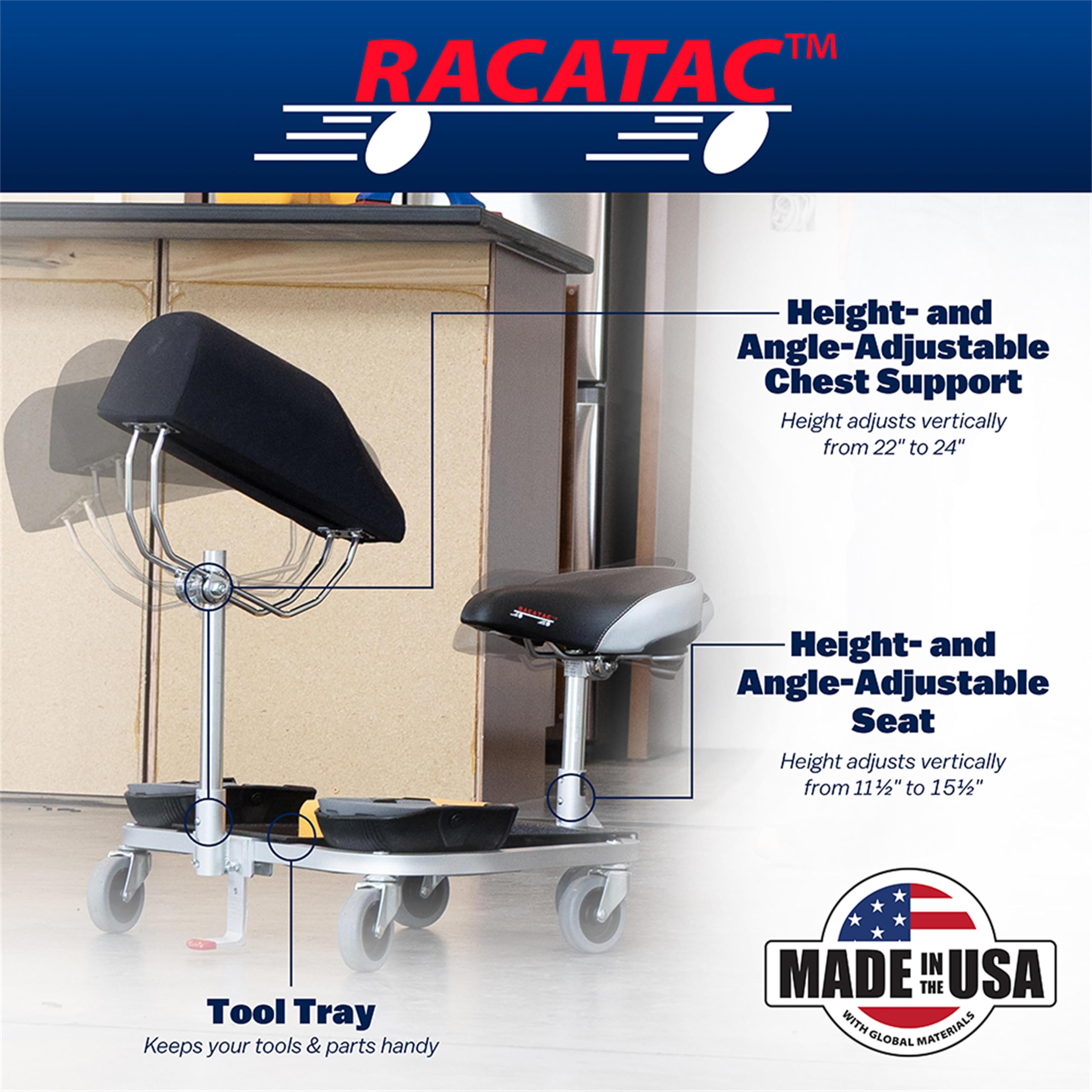 Racatac seat-height-adjustment 11.5-15.5in provides ergonomic working height.