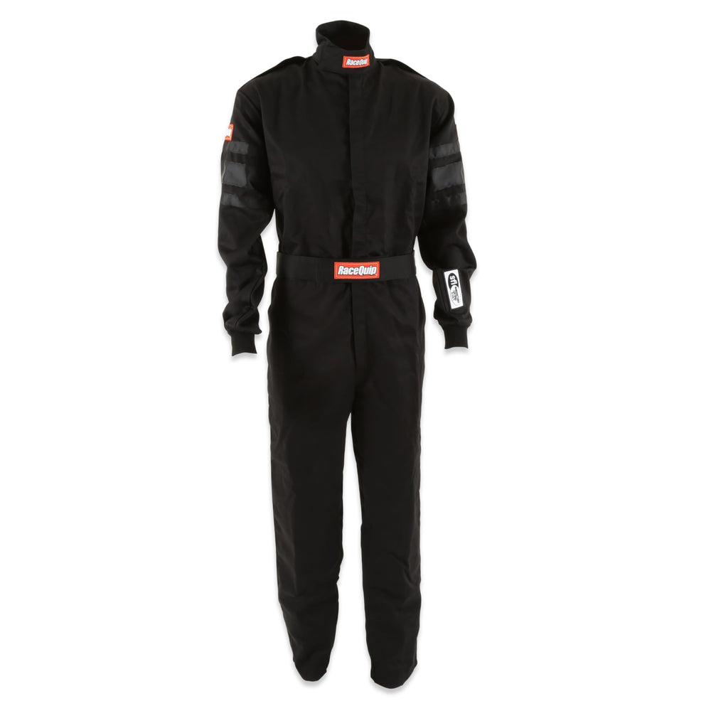 RaceQuip 110003RQP black front view driving suit showcasing durable fabric for track use.