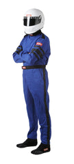 RaceQuip 110023RQP driving suit front view with blue/black stripe for track protection