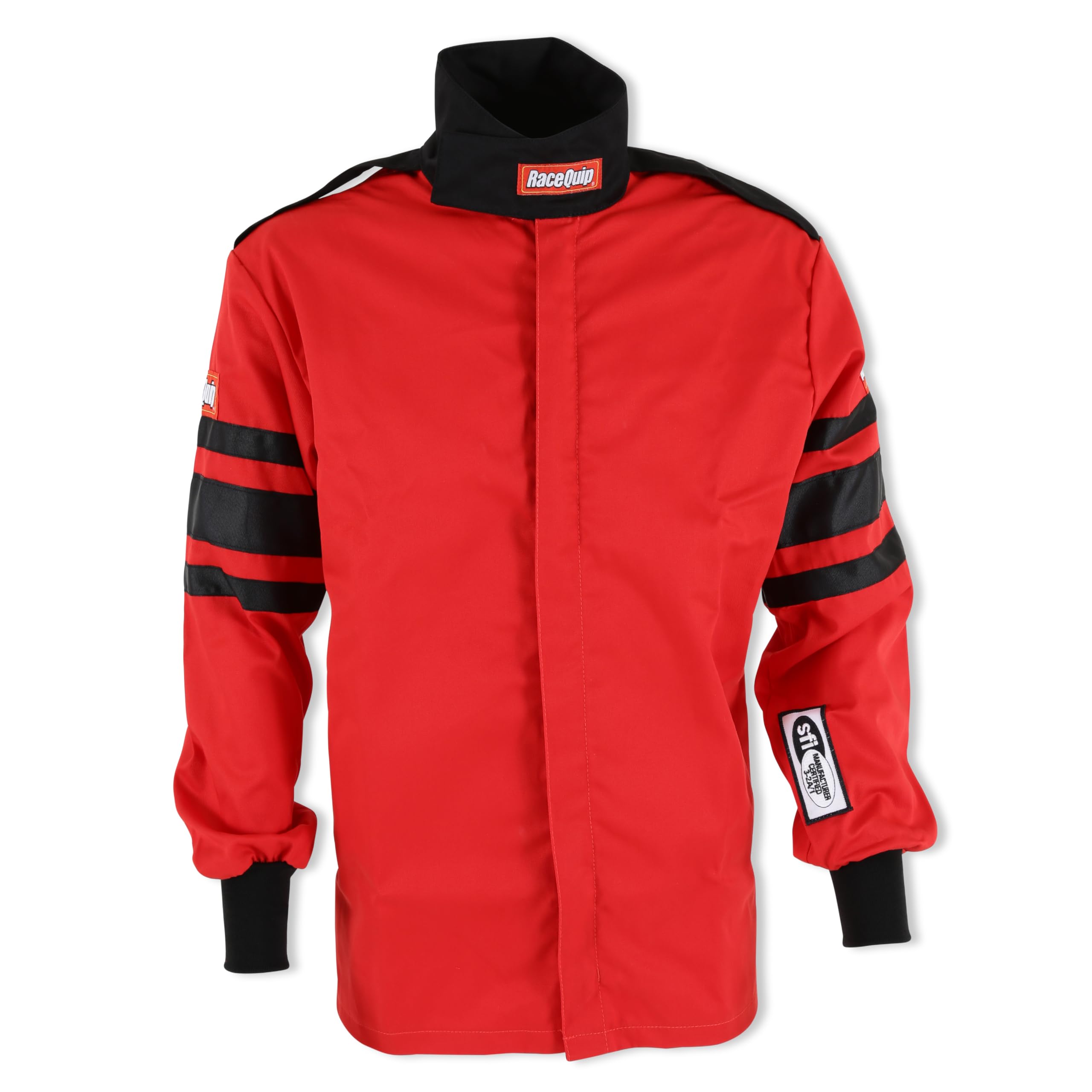 RaceQuip 111017RQP driving jacket front view shows bold red/black stripe and protective styling.