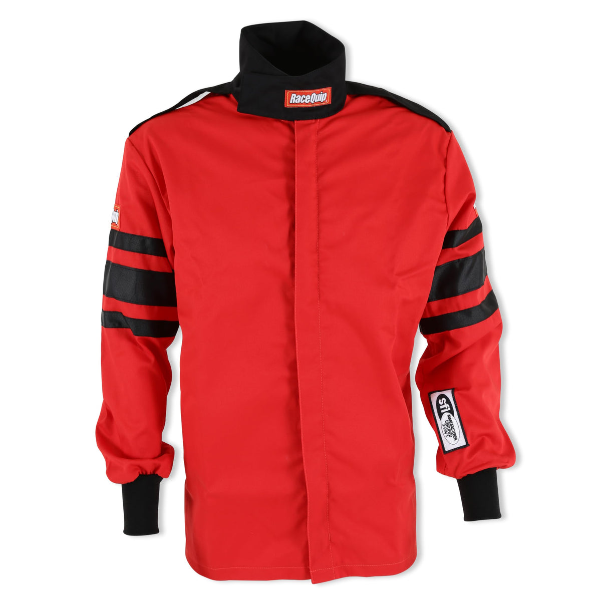 RaceQuip 111017RQP driving jacket front view shows bold red/black stripe and protective styling.