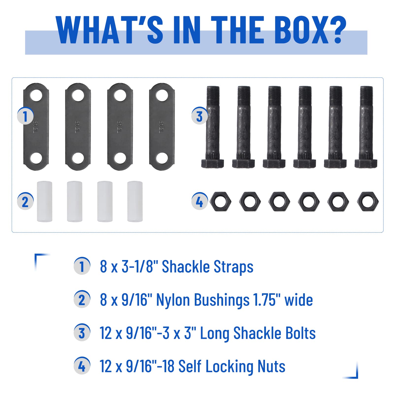 Racewill bolts and locking nuts (12 pcs) resist corrosion for durable assembly.
