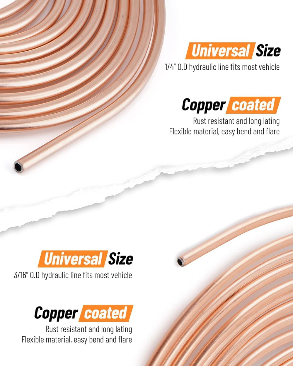 Racewill copper-coated brake line tube; durable, weather-resistant tubing