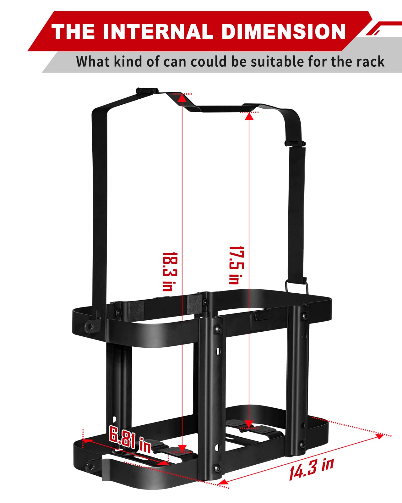 Racewill jerry can mounting bracket front view showing sturdy fit on vehicle racks.