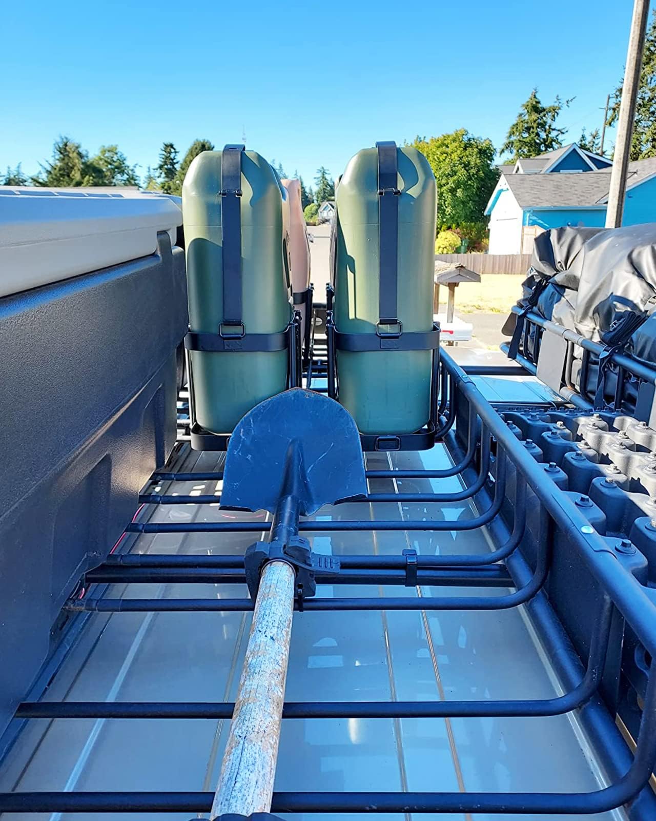 Bracket installed on a vehicle side rail during a rugged trip.