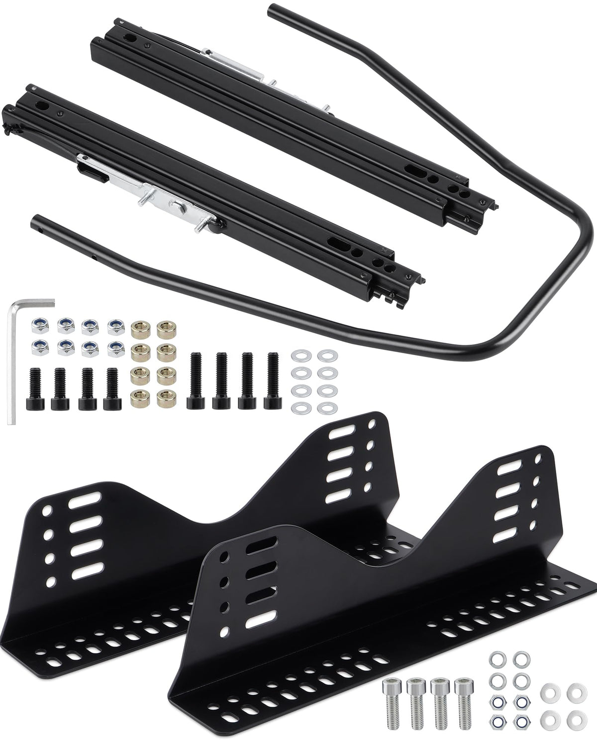 Racewill universal racing seat bracket with slider showing adjustable mounting for multiple brands.