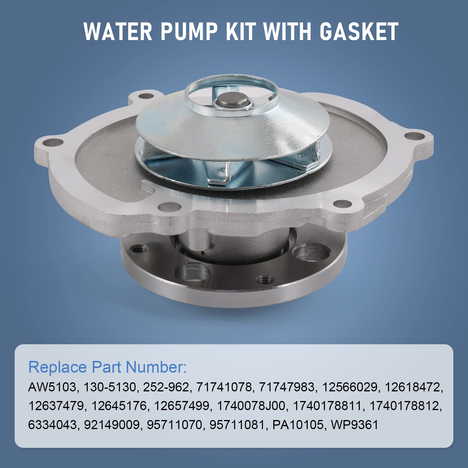 RADHLBNIU AW5103 water pump label, shows compatible part numbers for verification.