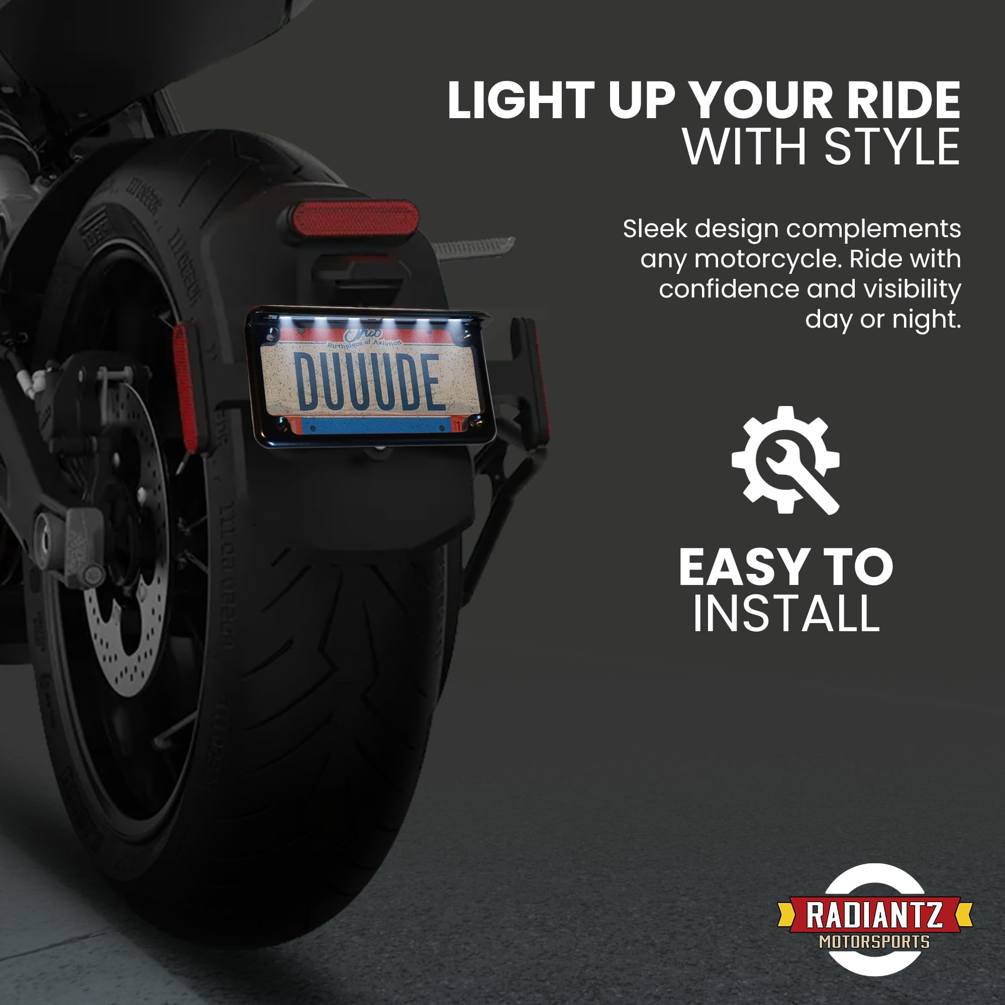 Radiantz license frame provides added daytime and night-time visibility on rides