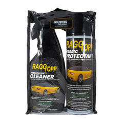 RAGGTOPP Fabric/Vinyl Cleaner bottle refreshing a fabric convertible top.