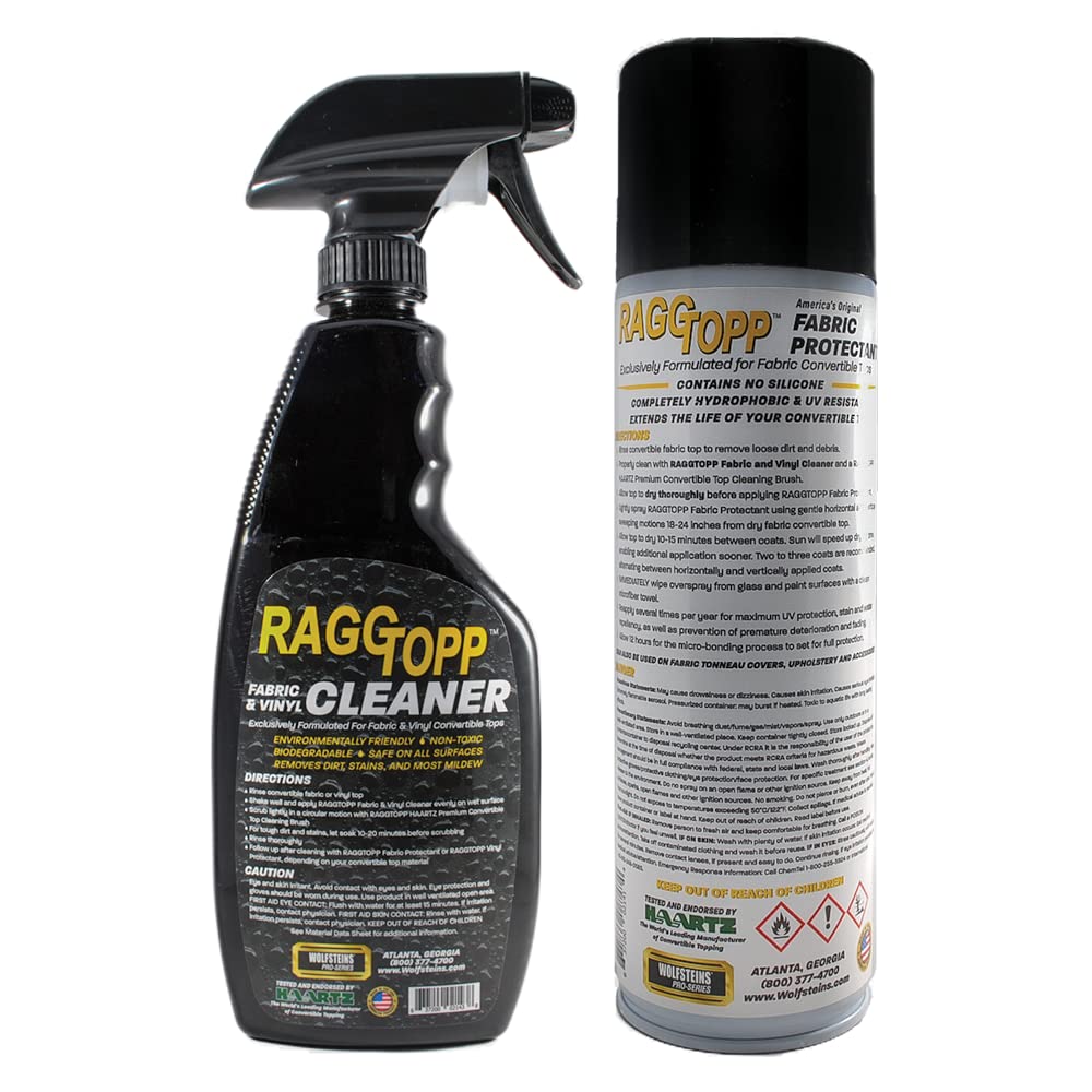 Raggtopp Protectant bottle on fabric top for water resistance and protection.