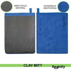 Ragnify blue clay mitt closeup emphasizing texture and pulling embedded contaminants gently.