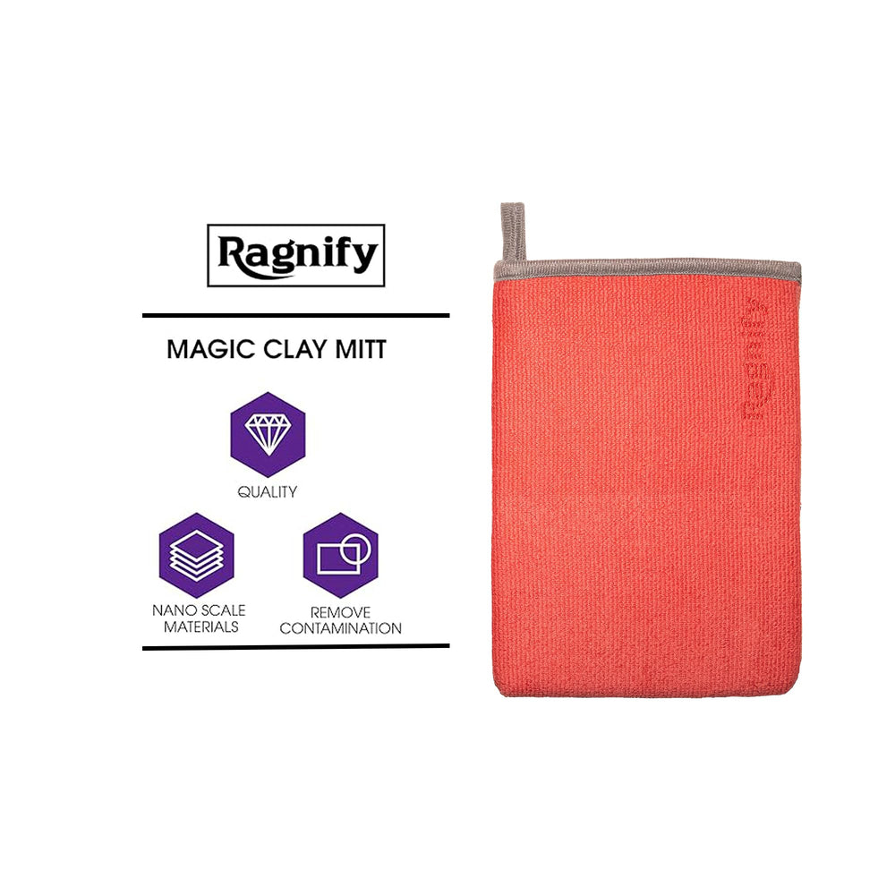 Ragnify clay mitt close-up shows microfiber texture for safe cleaning