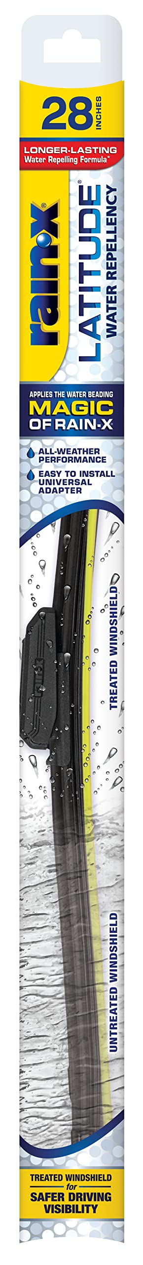 Rain-X 28-inch wiper blade on windshield for clear rain visibility.