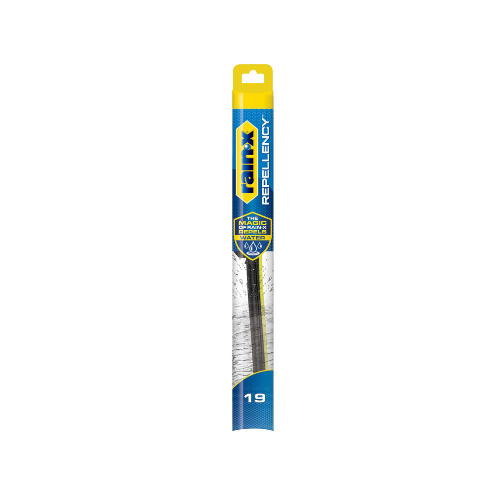 Rain-X Repellency wiper blades package showing all-season visibility.