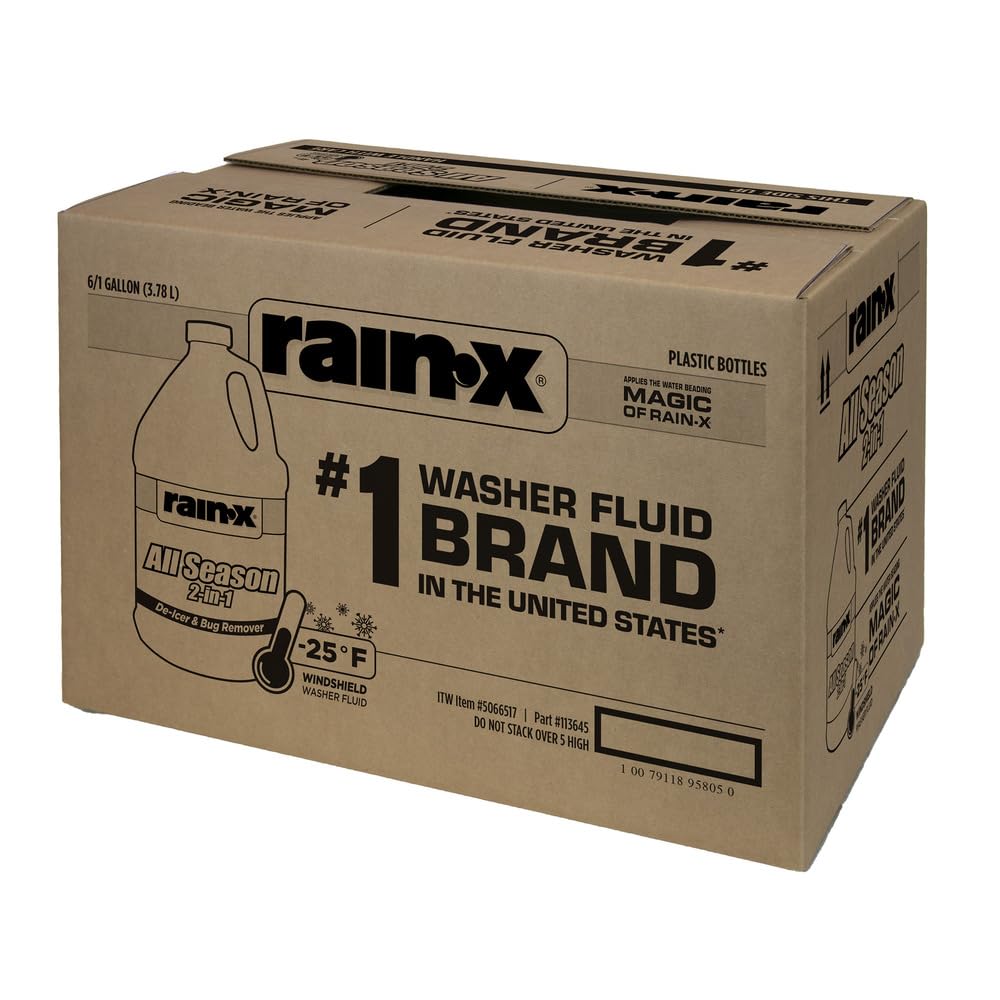 Close-up of Rain-X label highlighting the 2-in-1 formula for de-icing and bug removal.