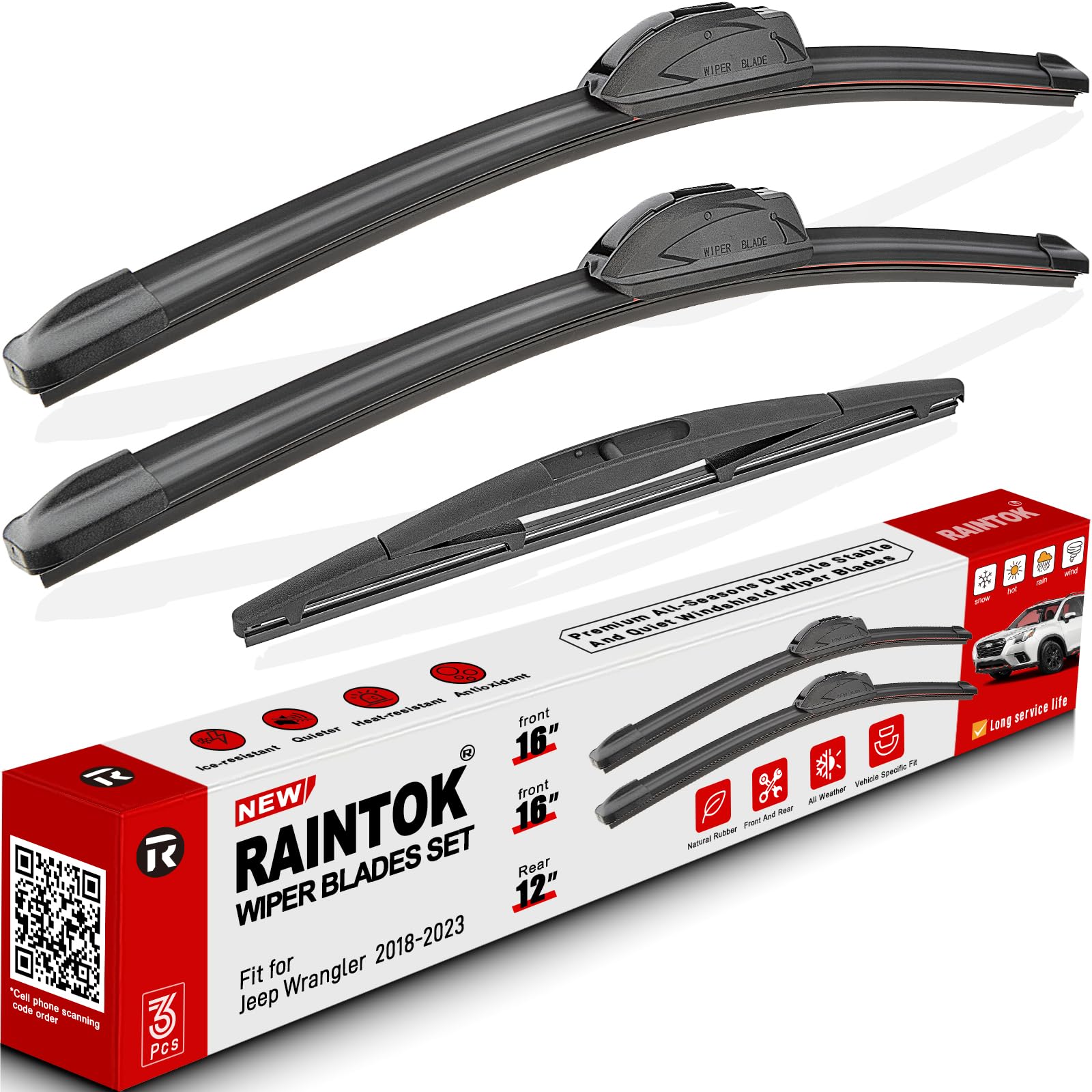 Raintok windscreen wiper blades for Jeep Wrangler JL front, durable and precise.