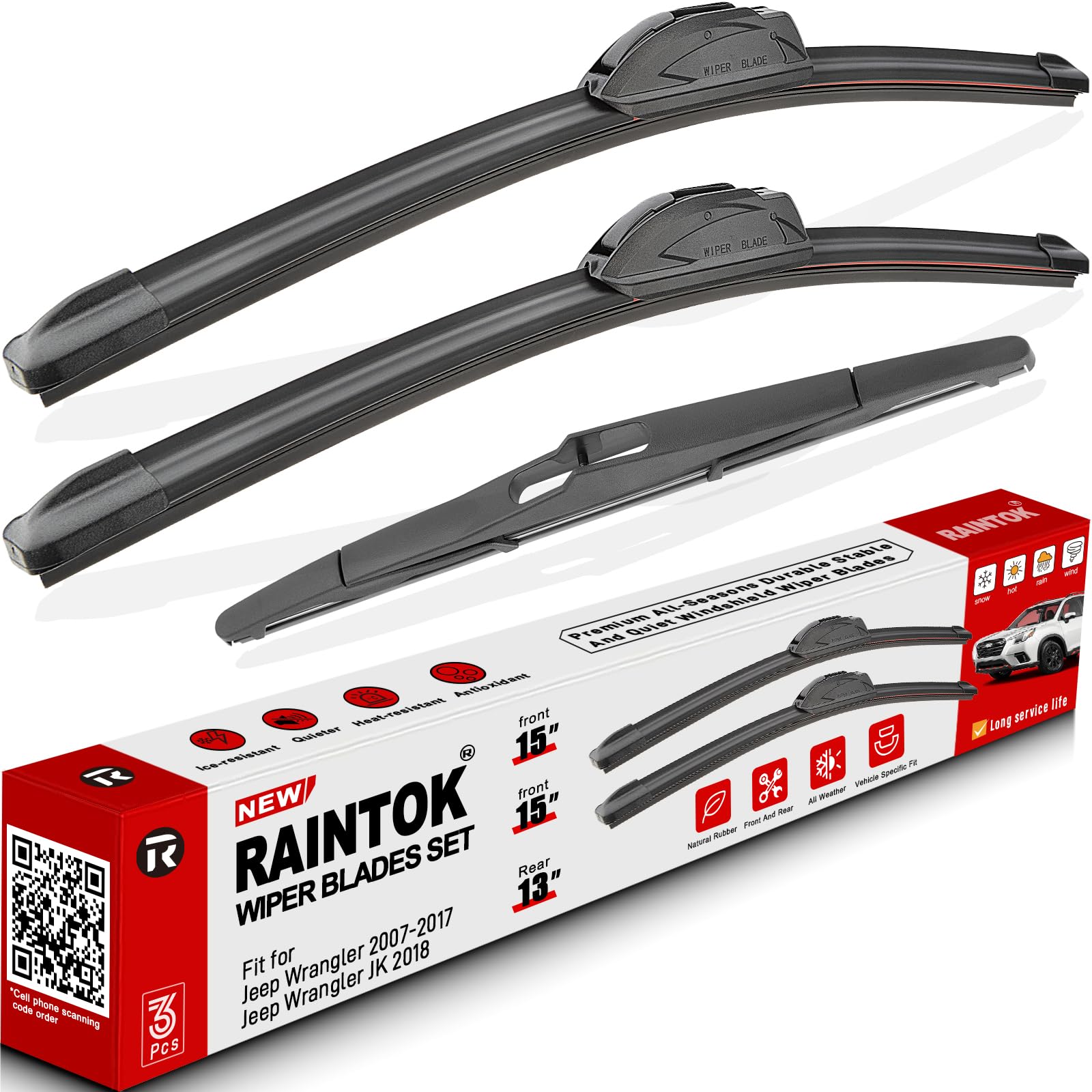 Raintok front-left 15-inch wiper blade for Jeep Wrangler improves rain visibility.