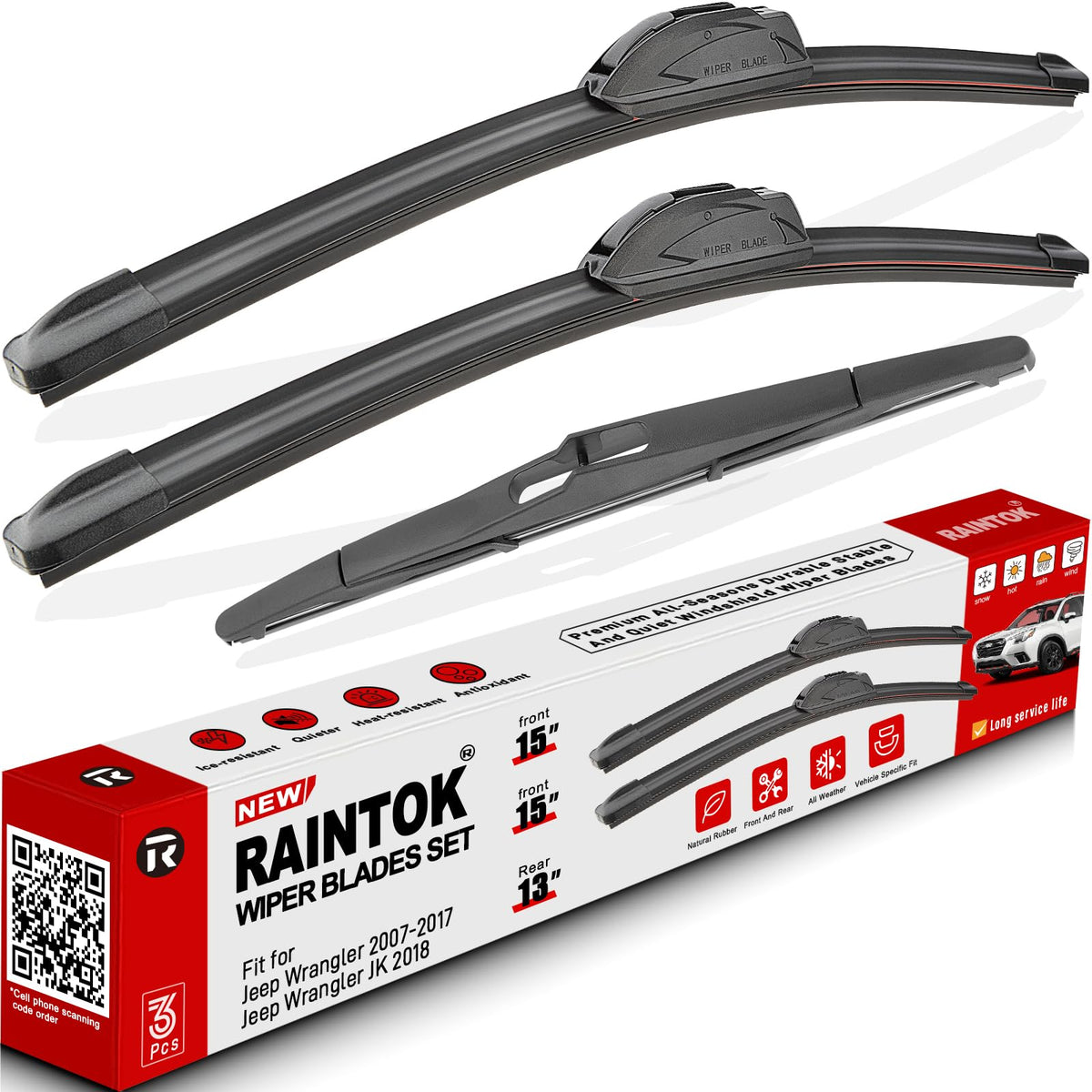 Raintok front-left 15-inch wiper blade for Jeep Wrangler improves rain visibility.