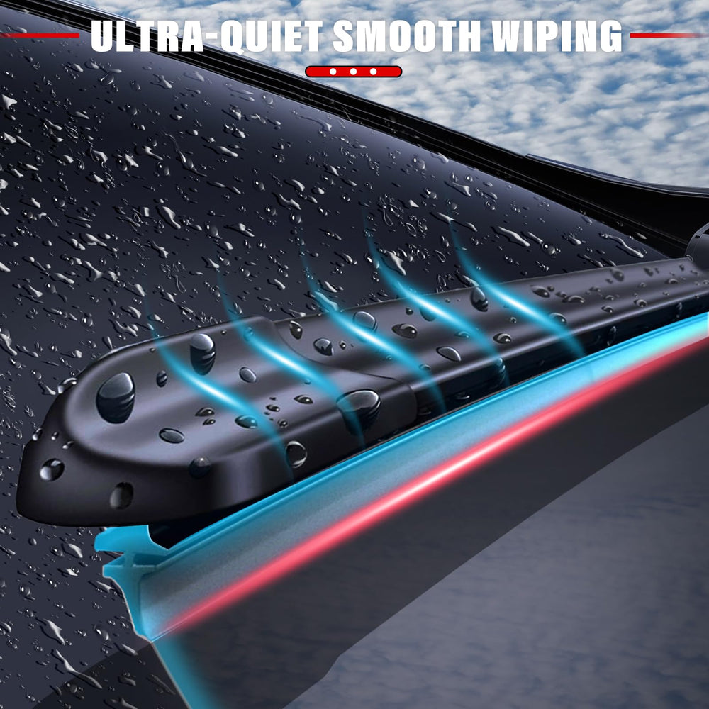 Raintok wiper set promotes quiet wiping across windshield surfaces.